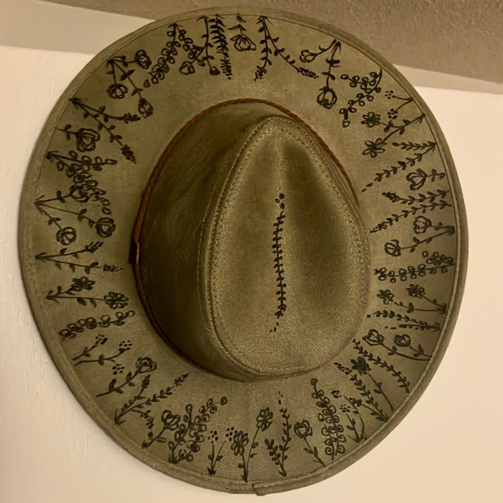 Customer burned hat olive green wildflowers handcrafted new with tags boho art